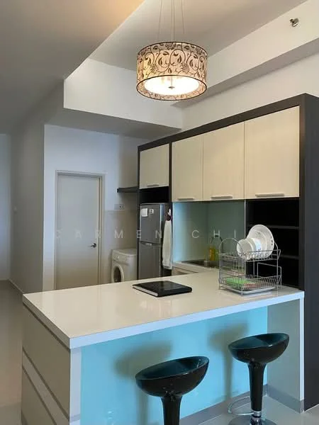 Kitchen features: white quartz countertop, two-tone cabinetry with cream and dark wood, stainless-steel fridge, built-in oven, four-burner electric hob, single-bowl stainless-steel sink, chrome pull-down faucet, pendant light fixture, open shelving, bar stools, washing machine, tile flooring, white painted walls; style: modern.