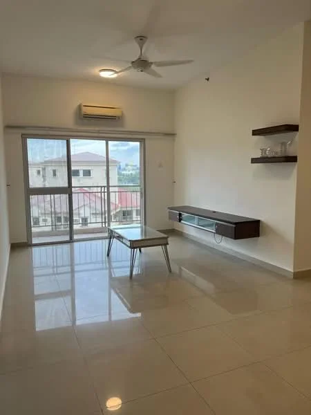 Living features: white painted walls, glossy tile flooring, 5-blade ceiling fan with light, floor-to-ceiling windows, sliding glass door, balcony access, wall-mounted TV console, coffee table, open shelving unit, air conditioning unit; style: modern; view: city.