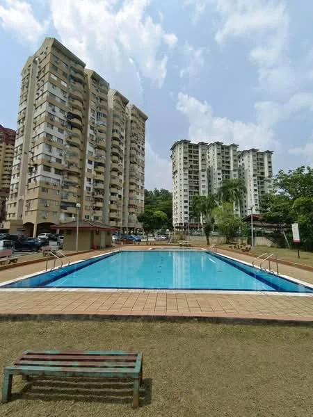 Exterior type: high-rise condominium; features: swimming pool, pool deck with loungers, surrounding greenery, multiple high-rise buildings, manicured lawn, parking area; style: modern.