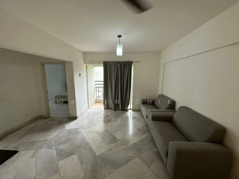 Living features: grey fabric sofa, marble flooring, white painted walls, ceiling light fixture, floor-to-ceiling window, curtains, sliding door to balcony, natural light; style: modern; view: garden. Room features: white painted walls, doorway leading to another room.