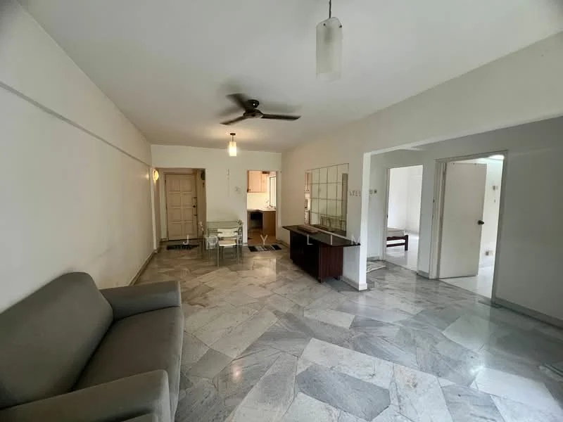 Living features: grey fabric sofa, marble flooring, ceiling fan, recessed downlights, dining table with chairs, wooden sideboard, open layout, neutral painted walls; style: modern. Room features: doorway leading to other rooms, light-colored walls, visible kitchen area in background.