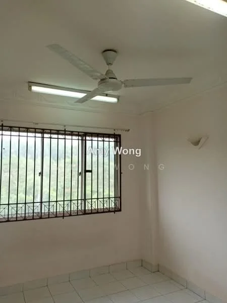 Room features: white painted walls, ceiling fan, tile flooring, window with metal grille, natural light from window, light fixtures on ceiling, neutral color scheme, view of greenery outside; view: garden.
