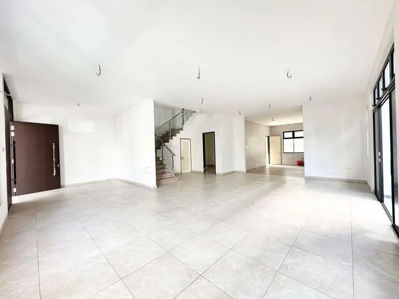 Room features: white painted walls, tile flooring, large windows, double-door entry, staircase, high ceiling, recessed lighting, open layout; style: modern.