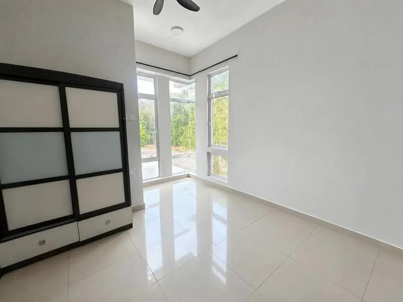 Room features: white painted walls, glossy tile flooring, 5-blade ceiling fan, large windows, black and white sliding wardrobe, natural light, view of greenery outside; style: modern; view: garden.