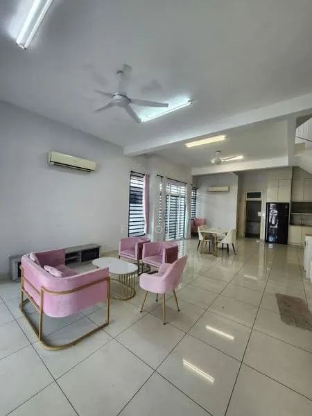 Living features: white painted walls, glossy tile flooring, 5-blade ceiling fan with light, sofa with pink upholstery, gold metal coffee table, dining table with white surface, 4 upholstered dining chairs in pink, floor-to-ceiling windows with blinds, air conditioning unit on wall, refrigerator visible in kitchen area; style: modern.