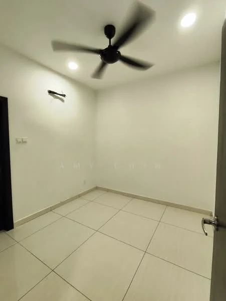 Room features: white painted walls, tile flooring, 5-blade ceiling fan, recessed LED downlights, single door, light switch, wall-mounted light fixture.