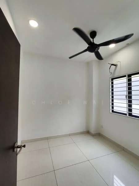 Room features: white painted walls, glossy tile flooring, 5-blade ceiling fan, black framed windows, window with horizontal slats, single door, recessed ceiling lights; style: modern.