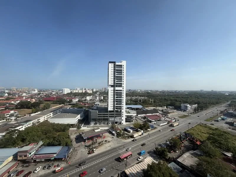 Exterior type: high-rise condominium; features: glass curtain wall, white painted facade, approximately 20-storey high-rise, surrounded by mature greenery, fronts a main road, urban context; style: modern.