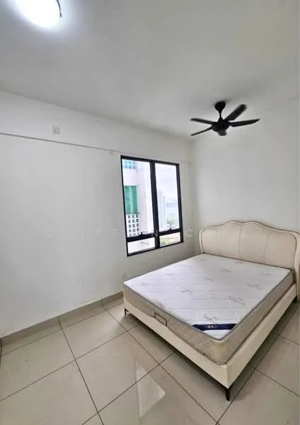 Bedroom features: white painted walls, tile flooring, ceiling fan, large window with city view, queen-size bed, upholstered headboard, mattress on bed frame, natural light from window; style: modern; view: city.