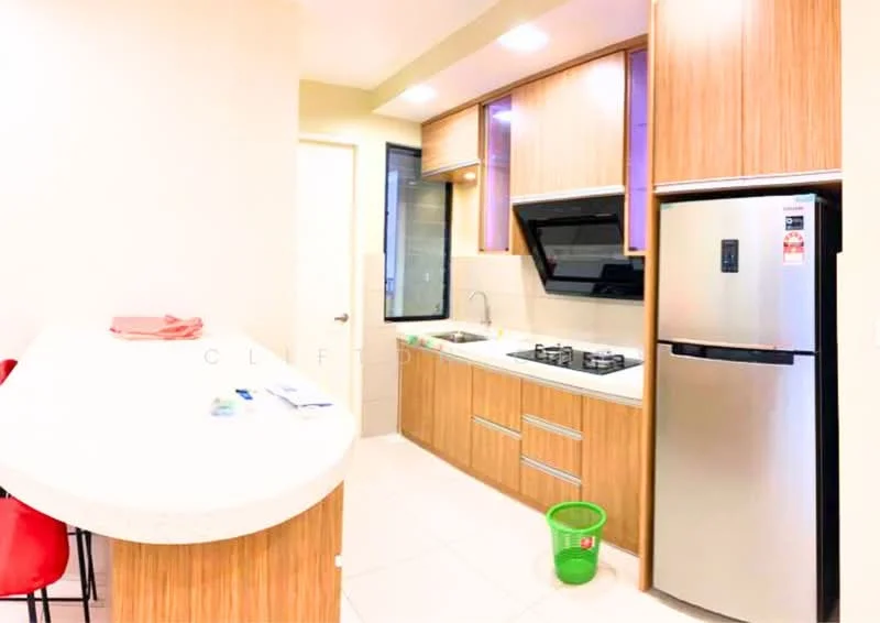 Kitchen features: light wood cabinetry, white countertop, stainless-steel fridge, built-in oven, 4-burner gas hob, black range hood, single-bowl stainless-steel sink, tile backsplash, ceramic tile flooring, recessed downlights, open shelving, bar seating with 2 red stools; style: modern.