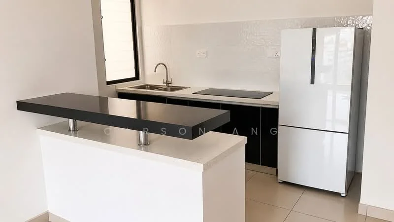 Kitchen features: black countertop, white cabinets, stainless-steel sink, chrome pull-down faucet, built-in cooktop, stainless-steel refrigerator, white tiled backsplash, tile flooring, window for natural light; style: modern.