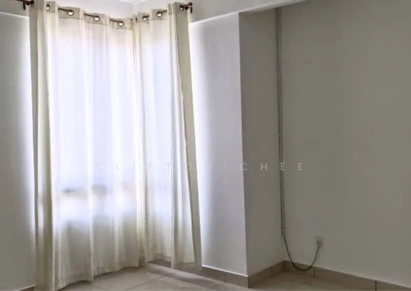 Room features: white painted walls, cream curtains, tile flooring, window with natural light, corner of the room, visible electrical outlet, neutral color scheme.