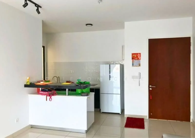 Kitchen features: white cabinetry, black countertop, stainless-steel fridge, built-in sink, wall-mounted light fixture, ceramic tile flooring, white backsplash, open layout, kitchen island, wall-mounted cabinet, door leading to hallway; style: modern.