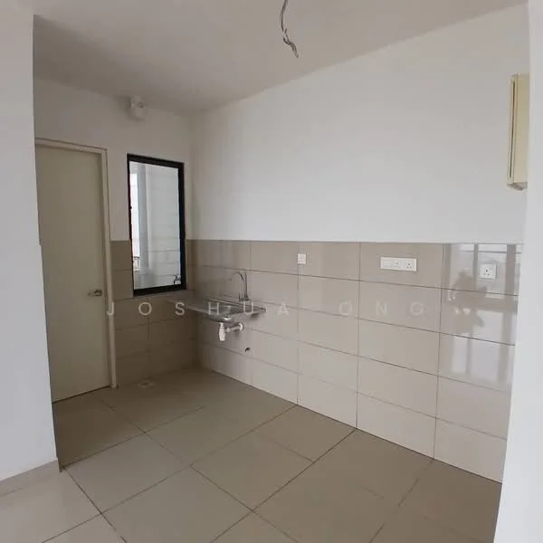 Room features: white painted walls, cream tiled backsplash, light beige floor tiles, single-bowl stainless-steel sink, chrome faucet, window with black frame, electrical outlets, light fixture on ceiling; style: modern.