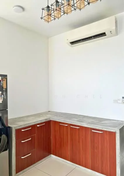 Kitchen features: laminate cabinetry in dark wood finish, grey stone countertop, stainless-steel fridge, built-in wall-mounted air conditioning unit, recessed ceiling lights, pendant light fixture with glass bulbs, ceramic tile flooring, white painted walls; style: modern.