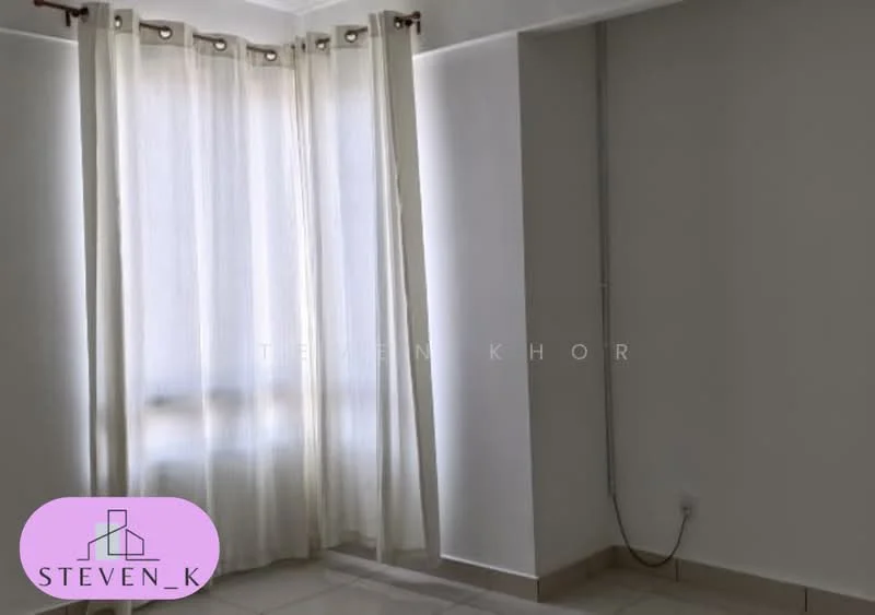 Room features: white painted walls, cream sheer curtains, tile flooring, window with natural light, corner of the room visible, electrical outlet on wall, neutral color scheme.