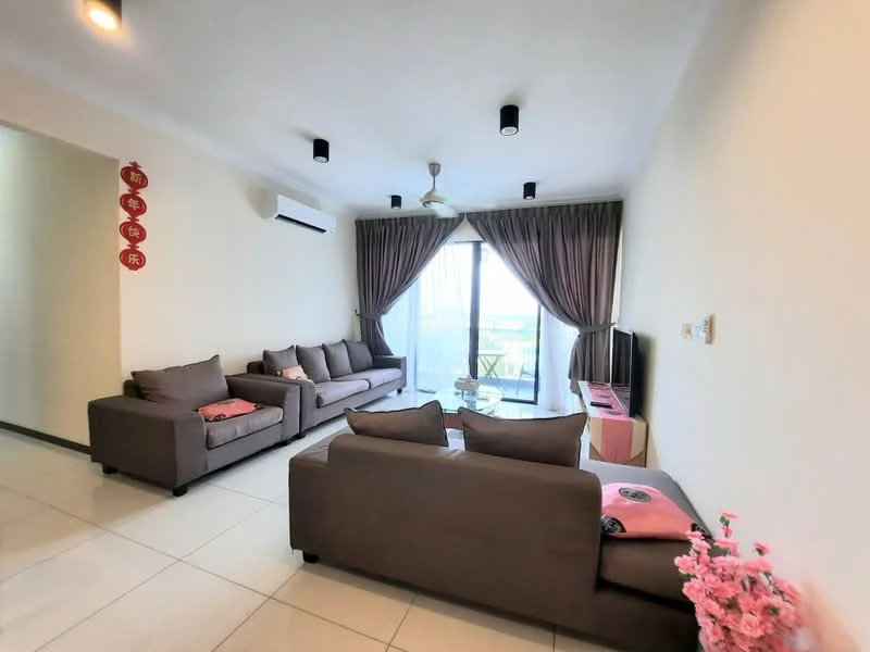 Living features: 3-seater fabric sofa in grey, 2-seater fabric sofa in grey, glass coffee table, floor-to-ceiling windows, sheer curtains, dark curtains, wall-mounted TV, ceiling fan with light, white painted walls, tile flooring, decorative wall art, houseplants in ceramic pots; style: modern; view: city.