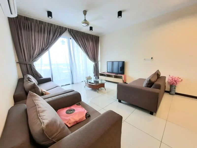 Living features: 3-seater fabric sofa in brown, 2-seater fabric sofa in brown, coffee table with glass top, wall-mounted TV, TV console, floor-to-ceiling windows, sheer curtains, dropped ceiling with recessed lighting, ceiling fan, decorative plant in ceramic pot, white painted walls, glossy tile flooring; style: modern; view: city.