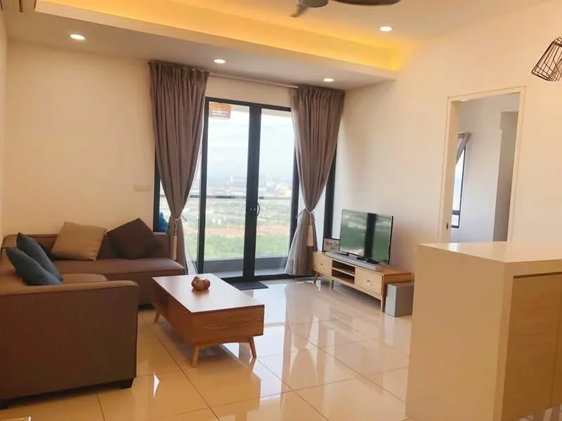 Living features: 3-seater fabric sofa in brown, coffee table in wood, wall-mounted TV, TV console in light wood, floor-to-ceiling windows, sliding glass door, curtains in grey, recessed downlights, glossy tile flooring, decorative bowl on coffee table; style: modern; view: city.