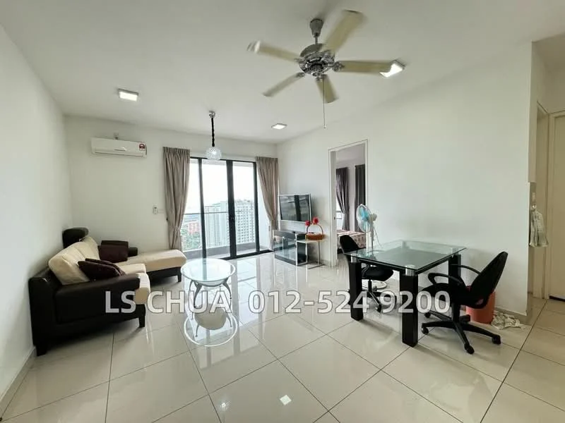 Living features: cream painted walls, glossy tile flooring, 5-blade ceiling fan with light, floor-to-ceiling windows, sliding glass door, curtains, sofa in beige, coffee table, TV console, wall-mounted TV, dining table with glass top, black dining chairs, air conditioning unit; style: modern; view: city.