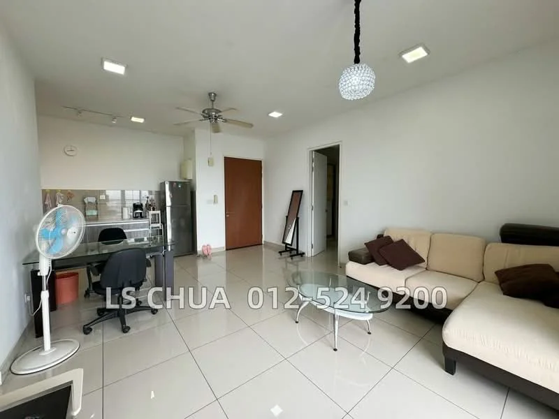 Living features: cream painted walls, glossy tile flooring, 5-blade ceiling fan with light, recessed LED downlights, L-shape sectional sofa in beige, glass coffee table, TV console, floor-to-ceiling windows, office desk with chair, standing mirror, framed wall clock; style: modern.