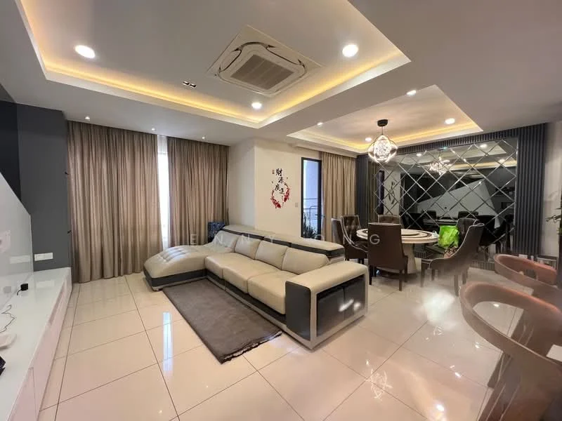Living features: L-shape sectional sofa in beige, area rug with geometric pattern, wall-mounted TV, ceiling-mounted air conditioning unit, recessed downlights, floor-to-ceiling windows, sheer curtains, decorative wall art, polished ceramic tile flooring; style: modern; view: city. Dining features: 6-seater round dining table, upholstered dining chairs, decorative mirror, pendant lighting, glass wall with geometric pattern; style: modern.