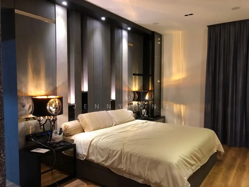 Bedroom features: king-size bed with beige bedding, black bedside tables, table lamps with decorative shades, wall-mounted lighting, dark accent wall with backlighting, wooden flooring, floor-to-ceiling curtains, decorative wall panels; style: modern.
