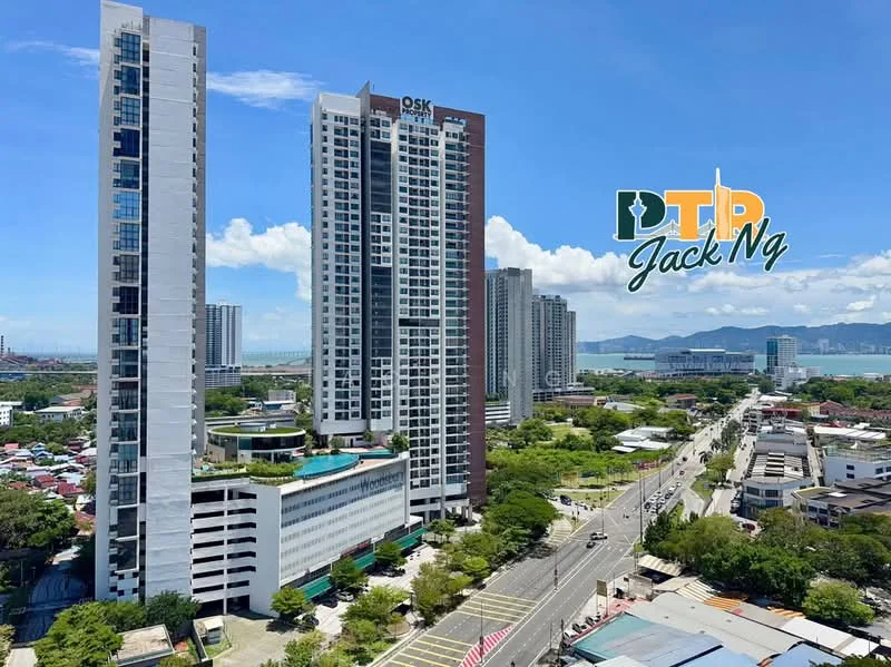 Exterior type: high-rise condominium; features: glass curtain wall, white painted facade, green landscaping, surrounded by mature greenery, swimming pool deck, multiple high-rise buildings, city skyline in background, main road in foreground; style: modern.