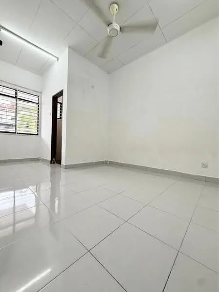 Room features: white painted walls, white ceiling, ceiling fan, glossy ceramic tile flooring, large windows, natural light, corner room, minimalist decor; style: minimalist.