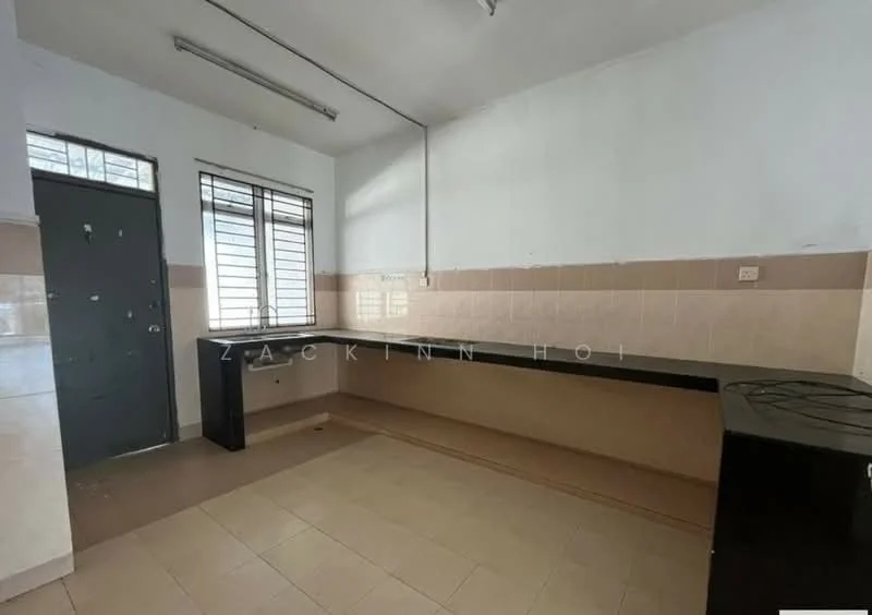 Kitchen features: black countertop, cream tiled backsplash, white painted walls, tile flooring, single-bowl stainless-steel sink, window with metal grills, built-in cabinetry, light fixture on ceiling.