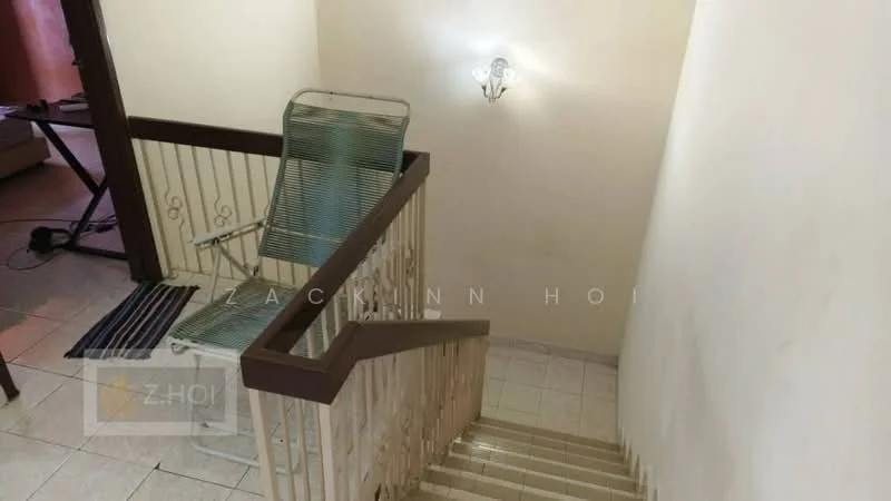Room features: staircase with wooden handrail, metal railing, tile flooring, wall-mounted light fixture, cream painted walls, carpet runner on stairs.