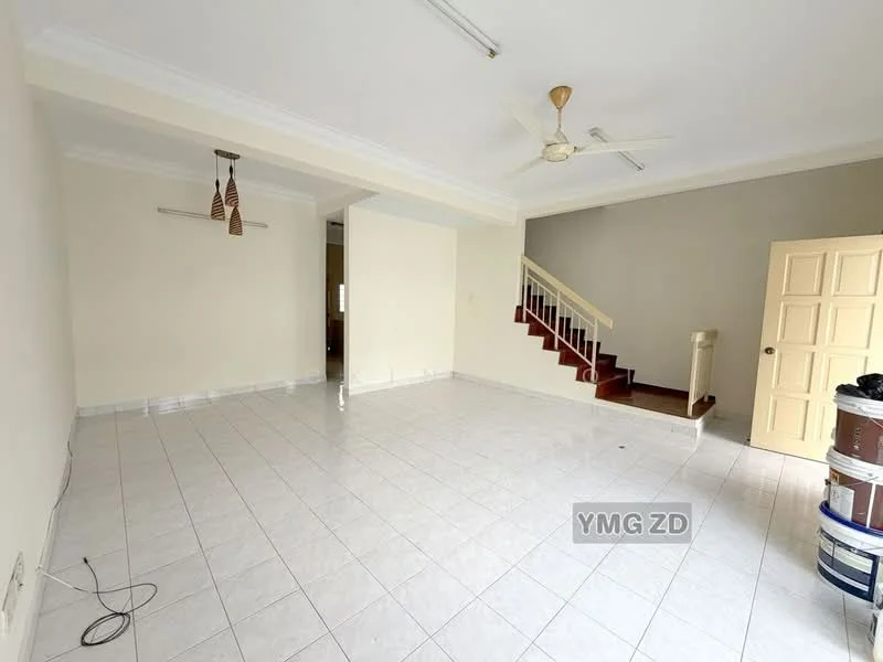 Living features: white painted walls, glossy ceramic tile flooring, 5-blade ceiling fan with light, staircase with wooden steps, door with multiple panels, recessed lighting, empty space for furniture, windows with natural light; style: modern.