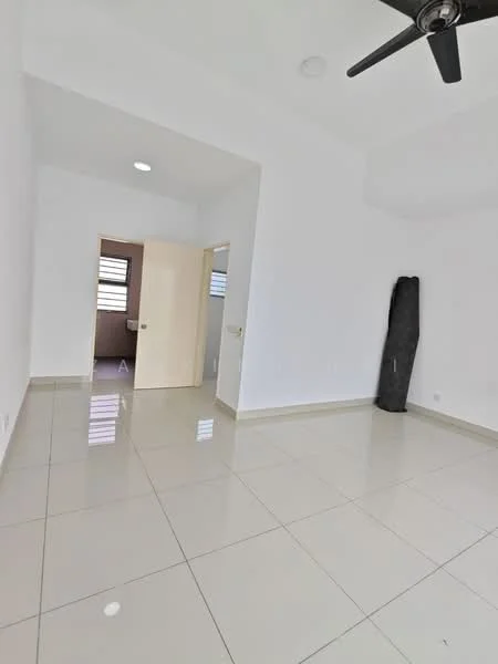 Room features: white painted walls, glossy tile flooring, 5-blade ceiling fan, recessed downlights, door leading to another room, large window with blinds, corner with a dark object (possibly a column or decoration); style: modern.