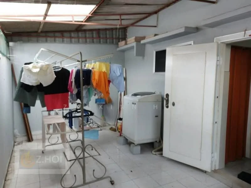 Laundry features: white tiled flooring, grey painted walls, clothes drying rack, washing machine, window for natural light, door leading to another room, shelves for storage.
