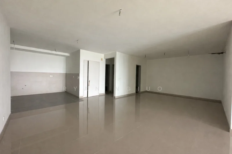 Room features: white painted walls, polished ceramic tile flooring, recessed downlights, open layout, multiple doorways, large windows, neutral color scheme, no visible furniture; style: modern.