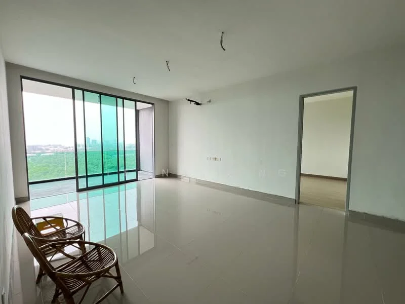 Living features: large floor-to-ceiling windows, white painted walls, glossy ceramic tile flooring, two rattan chairs, recessed ceiling lights, open layout, green view from windows, no visible decor; style: modern; view: garden.