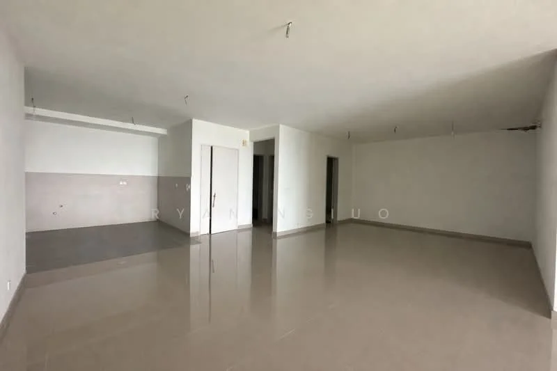 Room features: white painted walls, polished ceramic tile flooring, recessed ceiling lights, open layout, large windows, neutral color scheme, no visible furniture, unfinished space; style: modern.