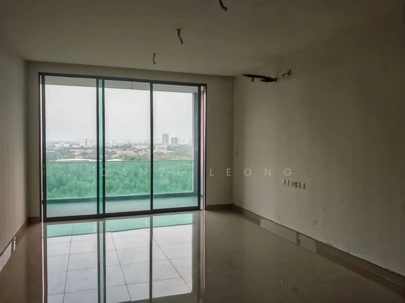 Room features: large floor-to-ceiling windows, unpainted walls, polished tile flooring, view of city skyline, minimalist design, no visible furniture, exposed electrical wiring, sliding glass door to balcony; style: modern; view: city.