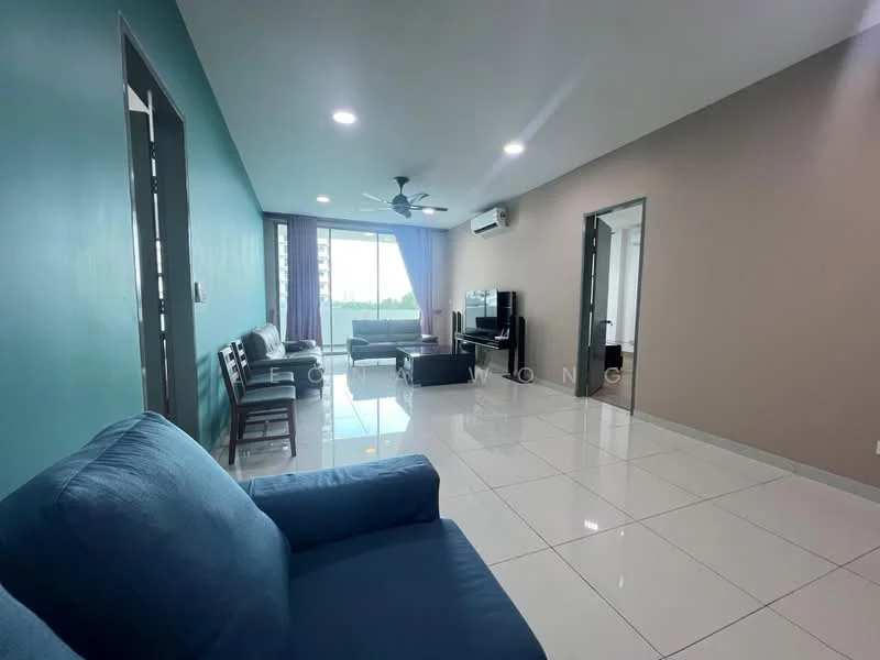 Living features: blue fabric sofa, 2-seater wooden chair, coffee table, TV console, wall-mounted TV, floor-to-ceiling windows, white tiled flooring, recessed downlights, ceiling fan, light grey painted walls, dark grey accent wall, curtains, air conditioning unit; style: modern; view: city.
