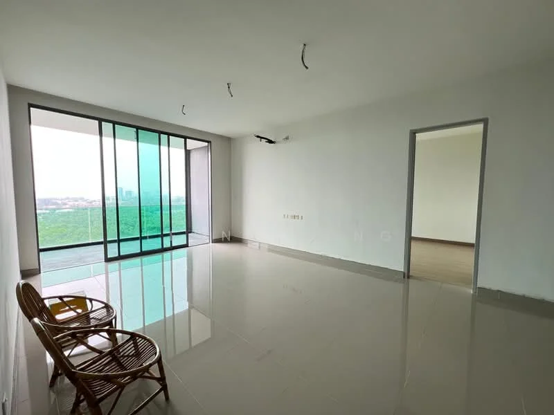 Living features: white painted walls, glossy ceramic tile flooring, floor-to-ceiling windows, sliding glass door, view of greenery, two rattan chairs, recessed downlights, no visible ceiling fixtures; style: modern; view: garden.