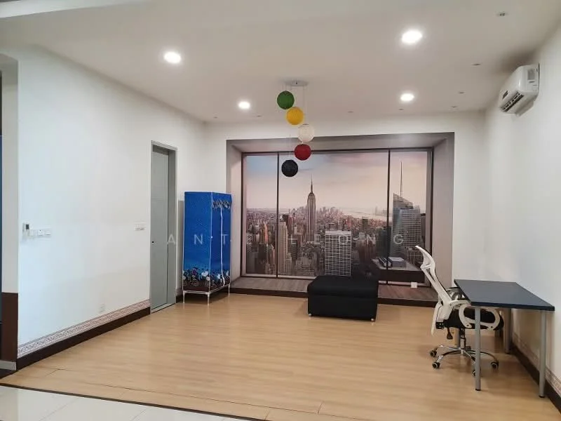 Room features: wooden flooring, white painted walls, large wall mural of city skyline, ceiling light fixture with colored bulbs, air conditioning unit, desk with chair, black sofa, blue cabinet; style: modern; view: city.