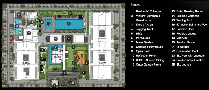 Floor plan: features: residents' entrance, visitors' entrance & guardhouse, drop-off area, jogging track, BBQ area, maze garden, children's playground, open lawn, reflection pond, BBQ & alfresco dining, outer games room, poolside cabanas, wading pool, 50-metre swimming pool, poolside jacuzzi, poolside deck, sky pool with jacuzzis, rooftop garden, rooftop amphitheatre, theatrette, observation deck, sky pool.