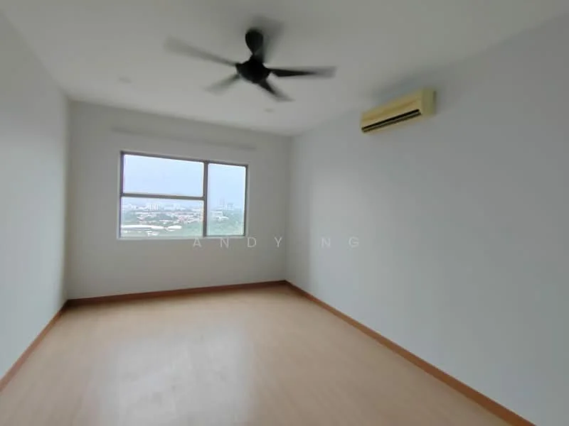 Room features: light wood flooring, white painted walls, 5-blade ceiling fan, 1 wall-mounted split AC, large window with city view; style: modern; view: city.