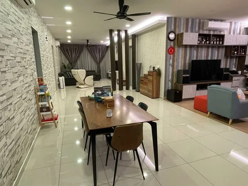 Living features: white painted walls, grey accent wall with stone cladding, polished ceramic tile flooring, 5-blade ceiling fan with light, recessed downlights, sofa in light blue fabric, wooden coffee table, TV console with wall-mounted TV, decorative wall clock, open shelving with decorative items, curtains on large windows, dining table with 6 chairs; style: modern.