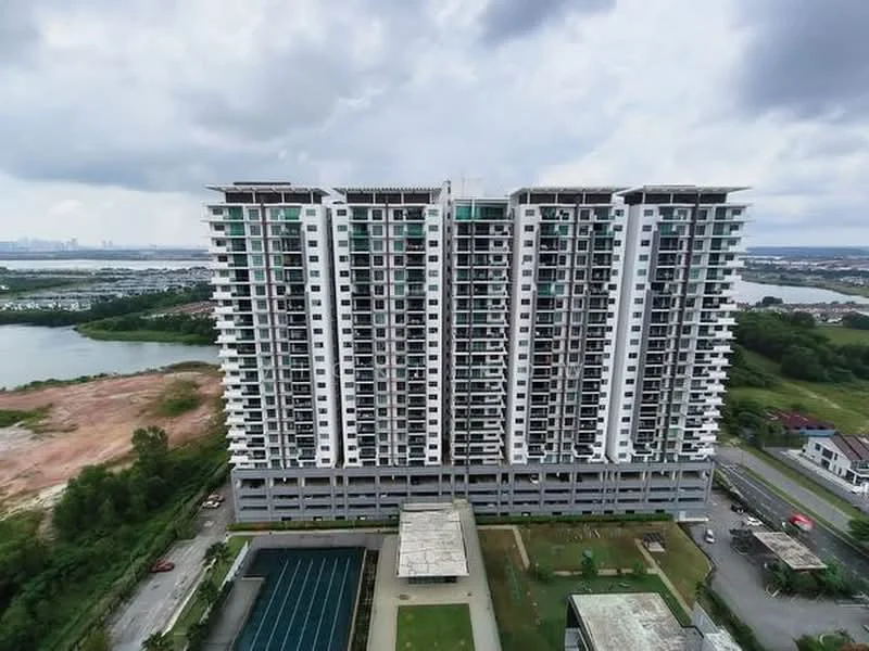 Exterior type: high-rise condominium; features: white painted facade, glass curtain wall, recessed balconies, approximately 15-storey high-rise, manicured lawn, swimming pool deck, surrounded by greenery, adjacent to water body, parking deck, landscape garden; style: modern.