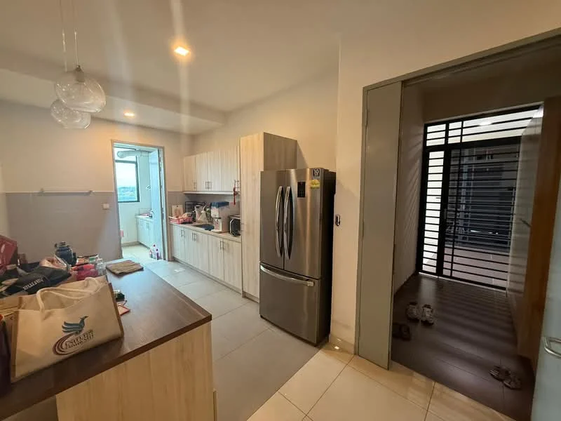 Kitchen features: stainless-steel fridge, built-in oven, freestanding range oven, white shaker cabinets, laminate countertop, double-bowl stainless-steel sink, chrome pull-down faucet, ceramic tile flooring, recessed downlights, open shelving; style: modern. Room features: wooden flooring, doorway leading to hallway, natural light from window.