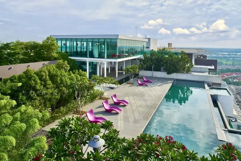 Exterior type: high-rise condominium; features: infinity pool, pool deck with loungers, glass facade, surrounded by greenery, landscaped garden, outdoor dining area, city view, modern architecture; style: modern.