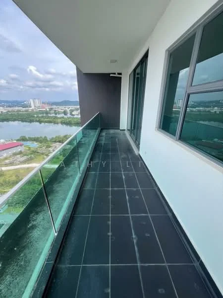 Room features: glass railing, black tiled flooring, open balcony, city view, water view, partially covered, large windows, contemporary design; style: modern; view: city.