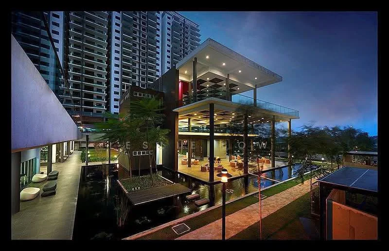 Exterior type: high-rise condominium; features: modern architectural design, glass curtain wall, multiple storeys, outdoor seating area, landscaped garden, water features, paved walkway, balconies, lighting fixtures, surrounding greenery; style: modern.