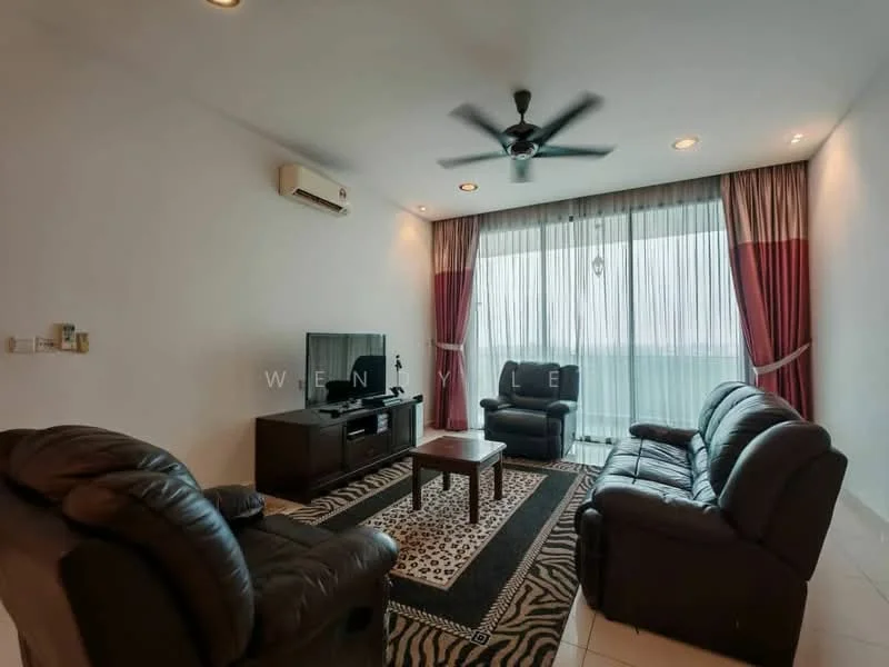 Living features: 3-seater leather sofa in black, 2-seater leather sofa in black, coffee table, TV console, wall-mounted TV, area rug with animal print, ceiling fan with light, floor-to-ceiling windows with sheer curtains, white painted walls, tile flooring, recessed downlights; style: modern; view: city.